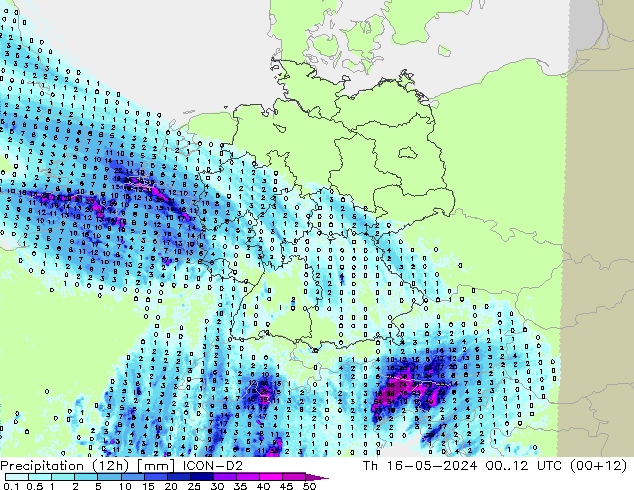 降水量 (12h) ICON-D2 星期四 16.05.2024 12 UTC