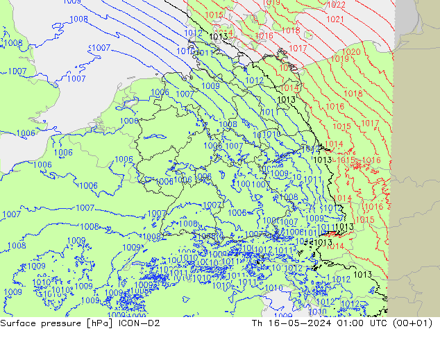 Presión superficial ICON-D2 jue 16.05.2024 01 UTC