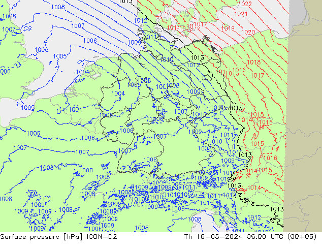 Pressione al suolo ICON-D2 gio 16.05.2024 06 UTC