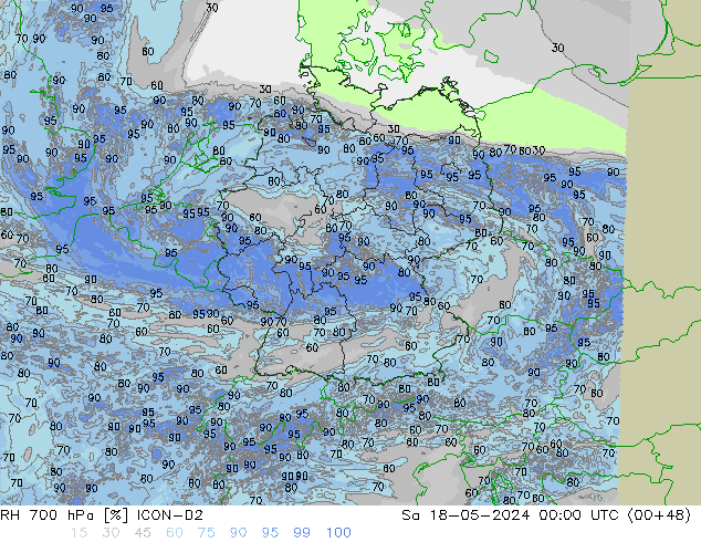 RH 700 гПа ICON-D2 сб 18.05.2024 00 UTC