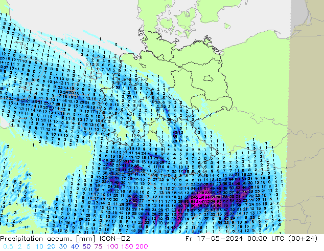 Precipitation accum. ICON-D2 ven 17.05.2024 00 UTC