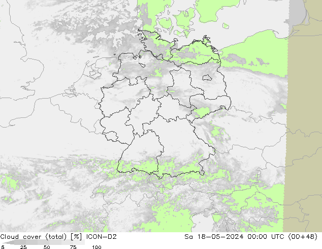 nuvens (total) ICON-D2 Sáb 18.05.2024 00 UTC