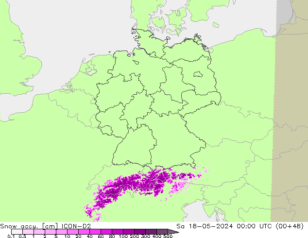 Snow accu. ICON-D2 Sa 18.05.2024 00 UTC