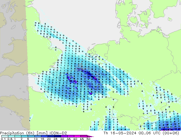 降水量 (6h) ICON-D2 星期四 16.05.2024 06 UTC