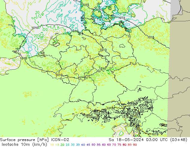 Isotachs (kph) ICON-D2 So 18.05.2024 03 UTC