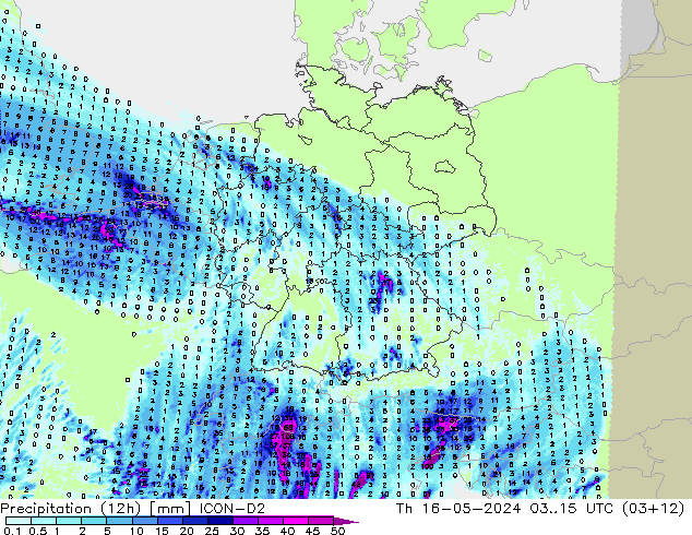降水量 (12h) ICON-D2 星期四 16.05.2024 15 UTC