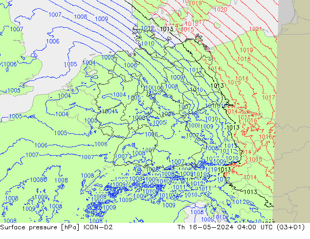 Pressione al suolo ICON-D2 gio 16.05.2024 04 UTC