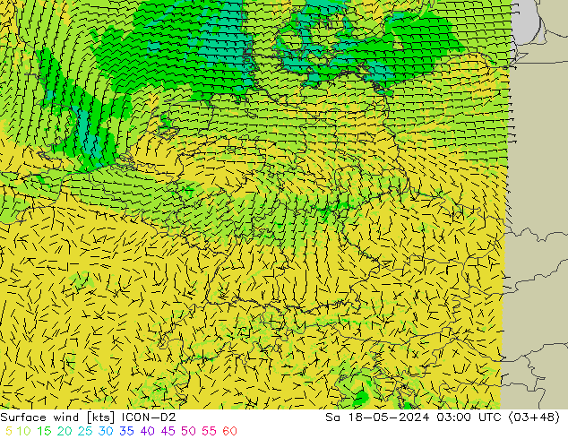 Surface wind ICON-D2 Sa 18.05.2024 03 UTC