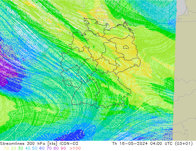 Stroomlijn 300 hPa ICON-D2 do 16.05.2024 04 UTC