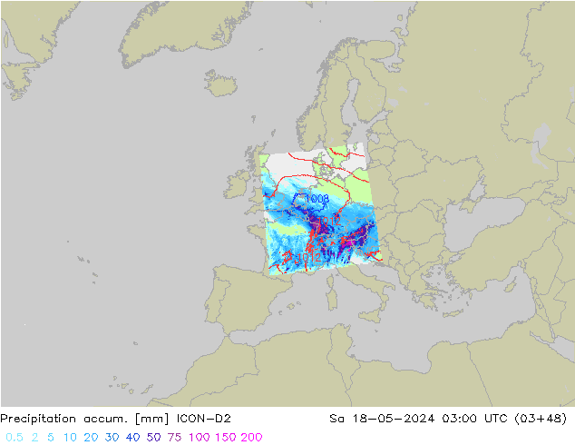 Precipitation accum. ICON-D2 Sa 18.05.2024 03 UTC