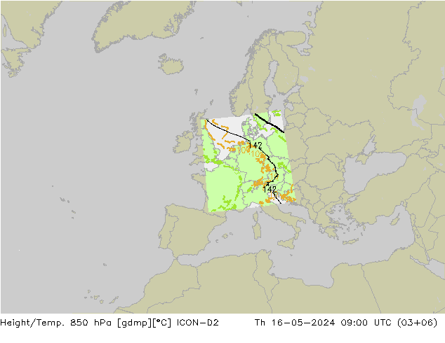 Height/Temp. 850 hPa ICON-D2 gio 16.05.2024 09 UTC