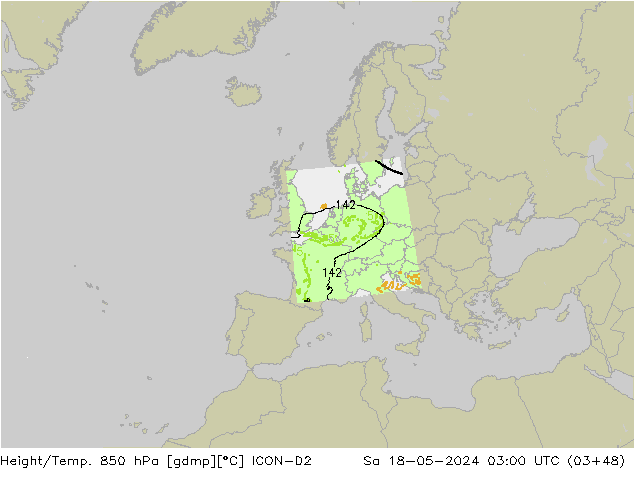 Geop./Temp. 850 hPa ICON-D2 sáb 18.05.2024 03 UTC