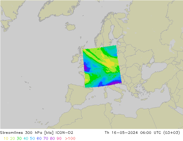 Línea de corriente 300 hPa ICON-D2 jue 16.05.2024 06 UTC