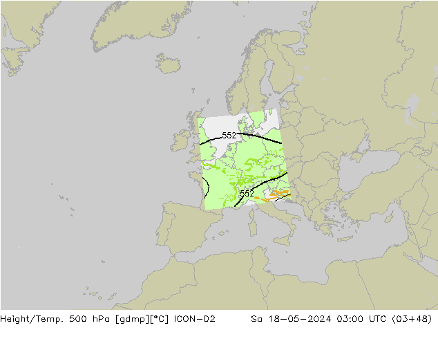 Height/Temp. 500 hPa ICON-D2 Sa 18.05.2024 03 UTC