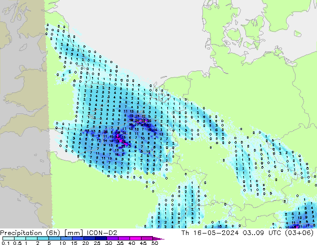 Precipitation (6h) ICON-D2 Th 16.05.2024 09 UTC