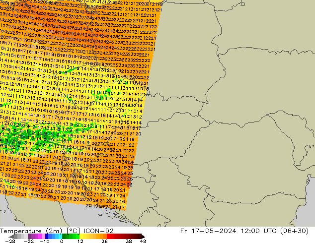 Temperatuurkaart (2m) ICON-D2 vr 17.05.2024 12 UTC