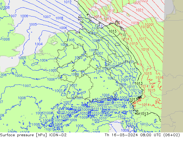 Surface pressure ICON-D2 Th 16.05.2024 08 UTC