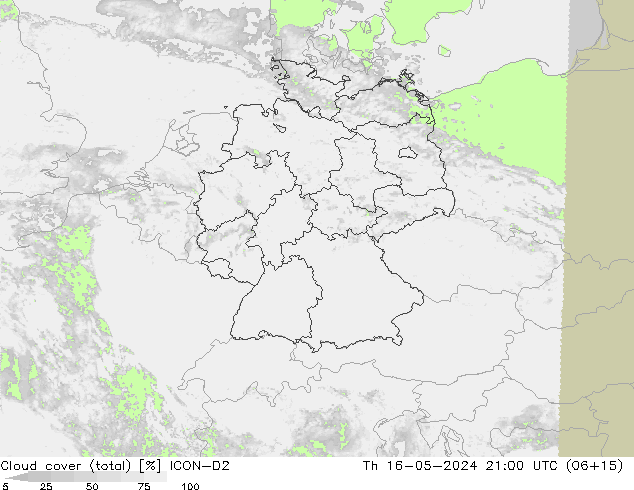 Bewolking (Totaal) ICON-D2 do 16.05.2024 21 UTC