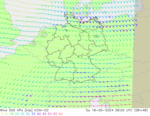 Wind 500 hPa ICON-D2 za 18.05.2024 06 UTC