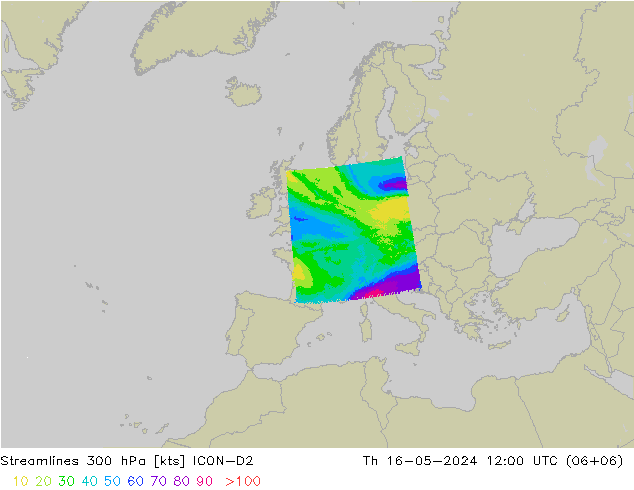 Linia prądu 300 hPa ICON-D2 czw. 16.05.2024 12 UTC