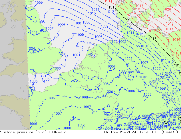 Luchtdruk (Grond) ICON-D2 do 16.05.2024 07 UTC