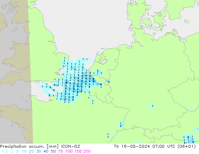 Precipitation accum. ICON-D2 星期四 16.05.2024 07 UTC