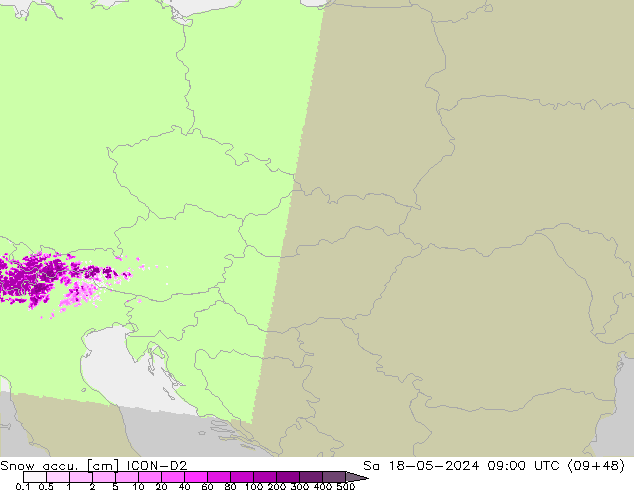 Snow accu. ICON-D2 sáb 18.05.2024 09 UTC