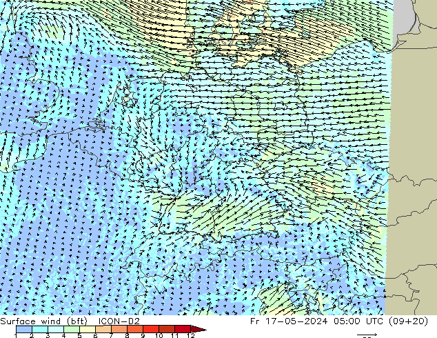 Surface wind (bft) ICON-D2 Pá 17.05.2024 05 UTC
