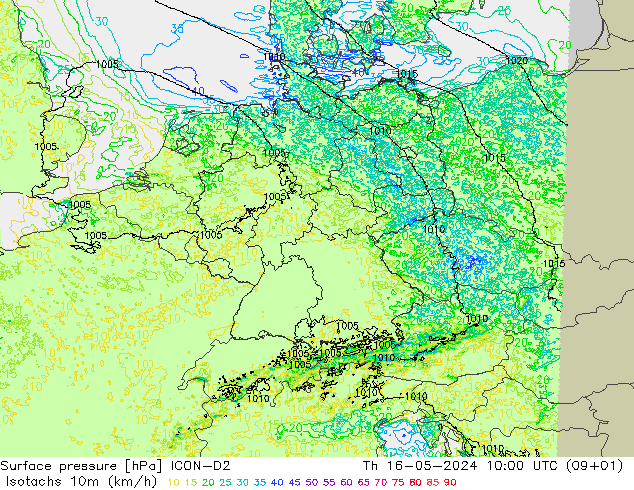 Eşrüzgar Hızları (km/sa) ICON-D2 Per 16.05.2024 10 UTC