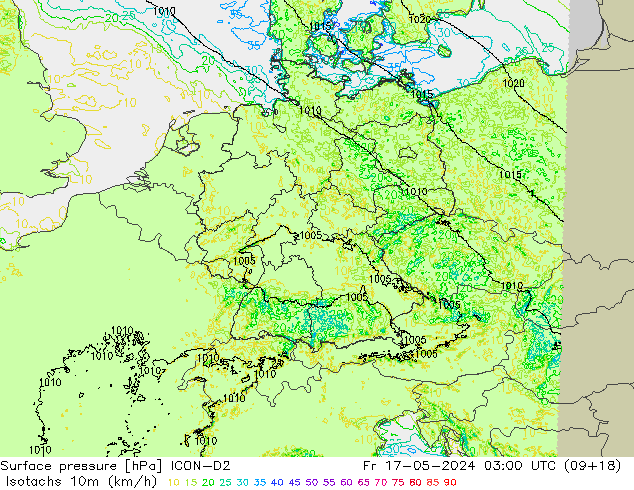 Isotachs (kph) ICON-D2  17.05.2024 03 UTC