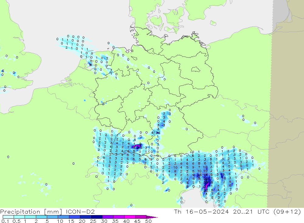 Precipitación ICON-D2 jue 16.05.2024 21 UTC
