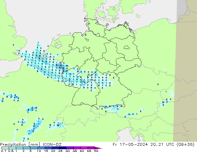 Precipitazione ICON-D2 ven 17.05.2024 21 UTC