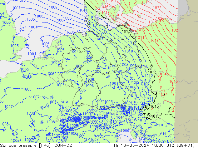 地面气压 ICON-D2 星期四 16.05.2024 10 UTC