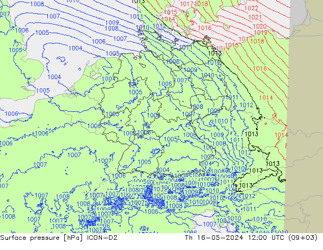 地面气压 ICON-D2 星期四 16.05.2024 12 UTC