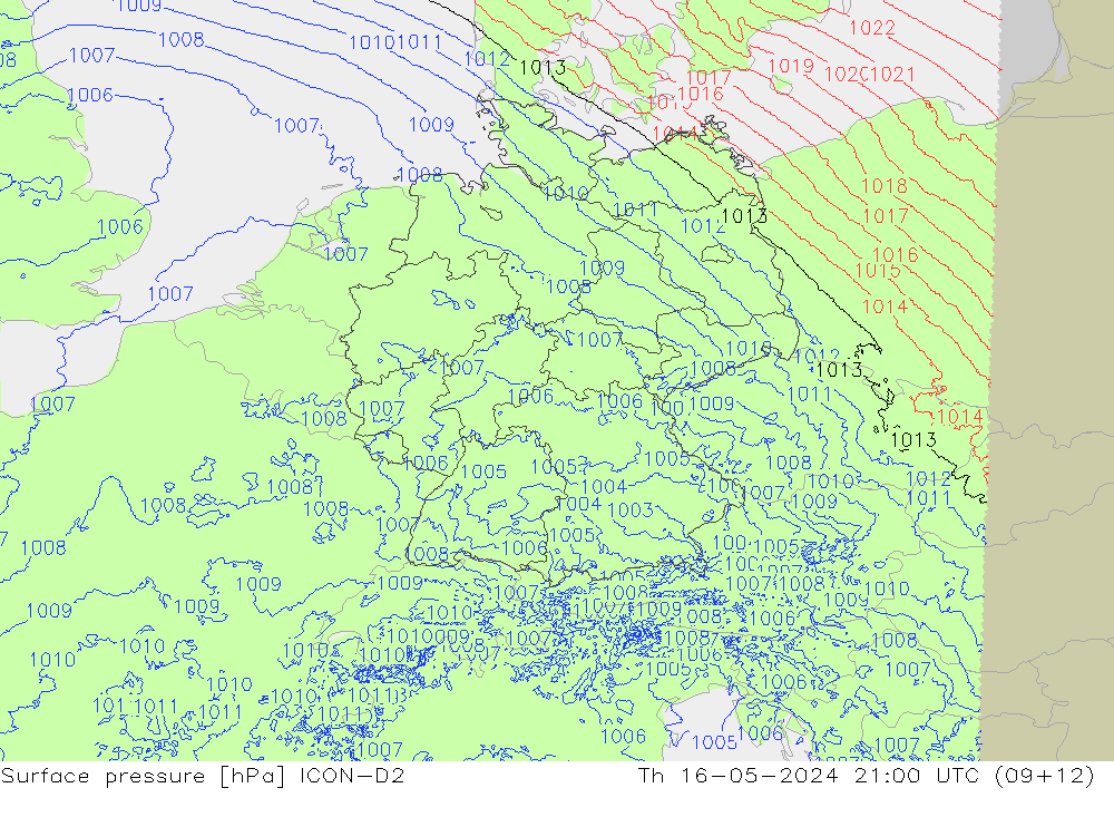 地面气压 ICON-D2 星期四 16.05.2024 21 UTC