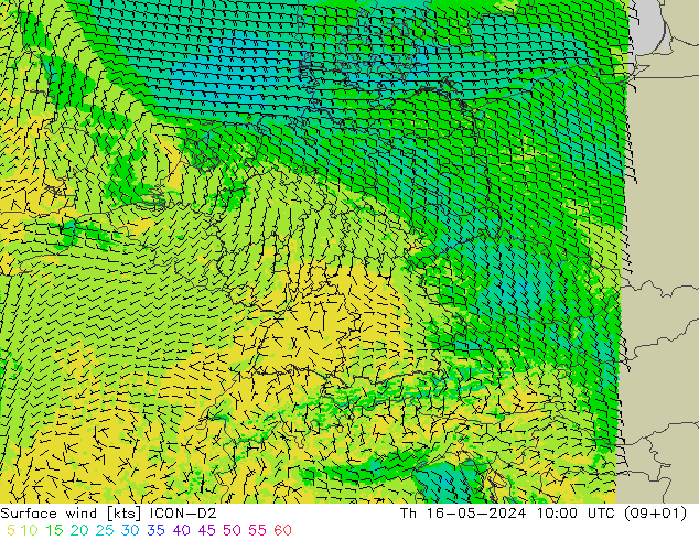 Rüzgar 10 m ICON-D2 Per 16.05.2024 10 UTC