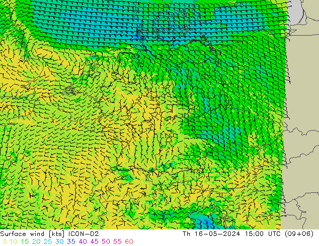 ветер 10 m ICON-D2 чт 16.05.2024 15 UTC