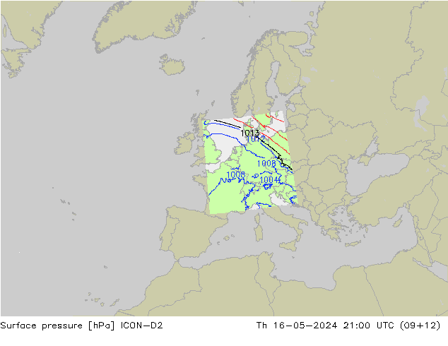 Pressione al suolo ICON-D2 gio 16.05.2024 21 UTC
