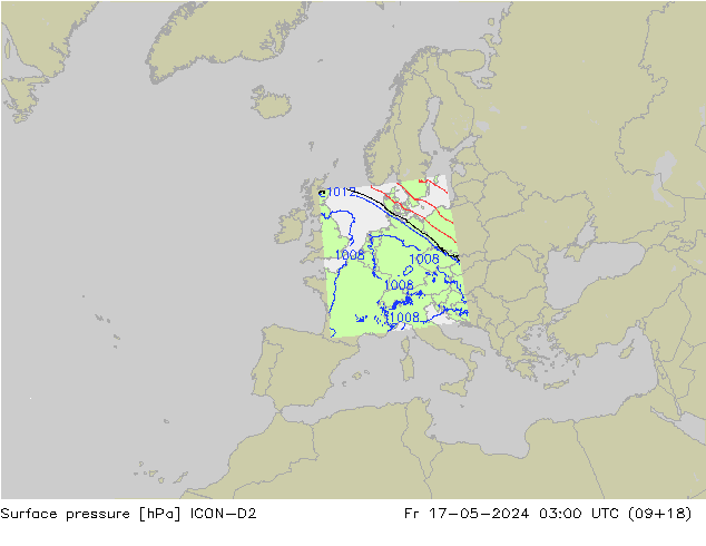 Pressione al suolo ICON-D2 ven 17.05.2024 03 UTC