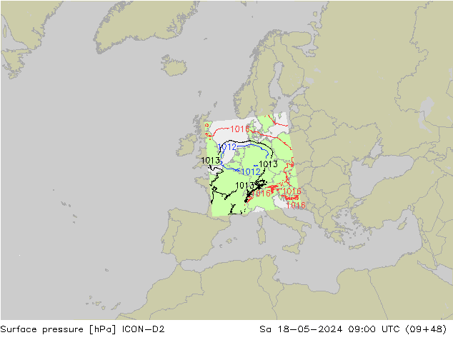 Presión superficial ICON-D2 sáb 18.05.2024 09 UTC