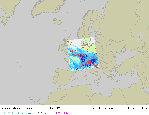 Precipitation accum. ICON-D2 Sa 18.05.2024 09 UTC