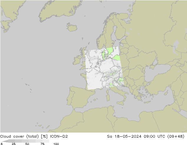 Bewolking (Totaal) ICON-D2 za 18.05.2024 09 UTC