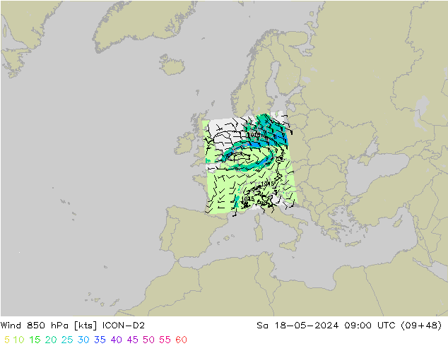 Wind 850 hPa ICON-D2 za 18.05.2024 09 UTC