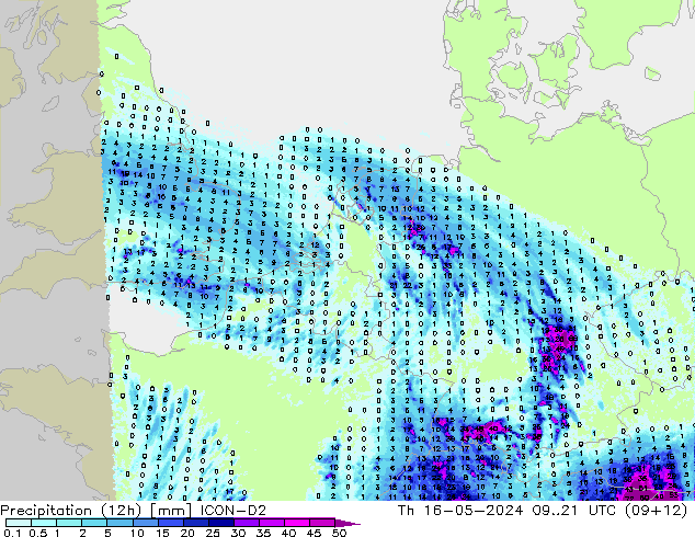 降水量 (12h) ICON-D2 星期四 16.05.2024 21 UTC