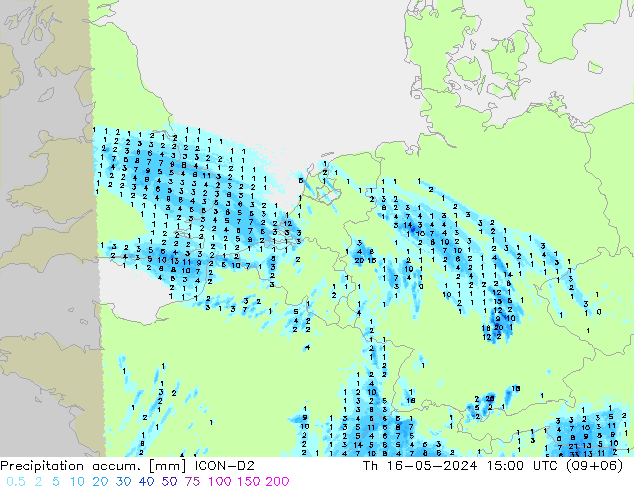 Precipitation accum. ICON-D2 星期四 16.05.2024 15 UTC