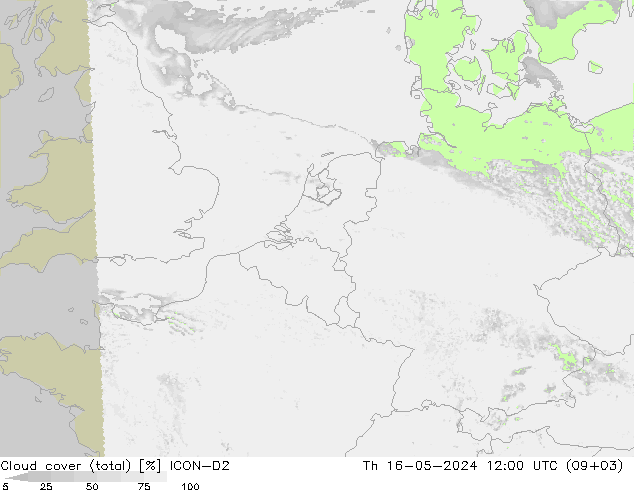 Cloud cover (total) ICON-D2 Th 16.05.2024 12 UTC