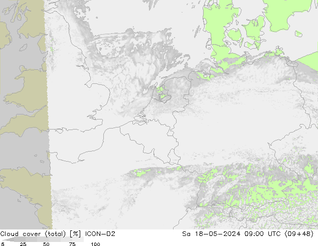 nuvens (total) ICON-D2 Sáb 18.05.2024 09 UTC