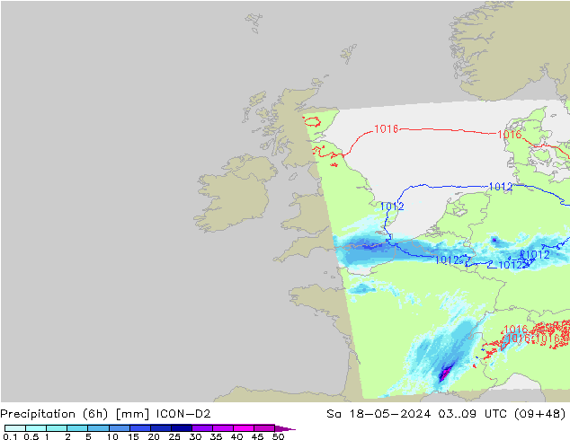 Precipitación (6h) ICON-D2 sáb 18.05.2024 09 UTC