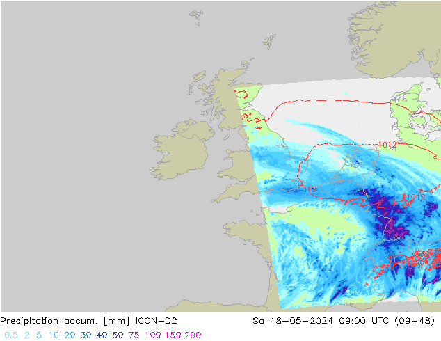 Precipitation accum. ICON-D2 so. 18.05.2024 09 UTC