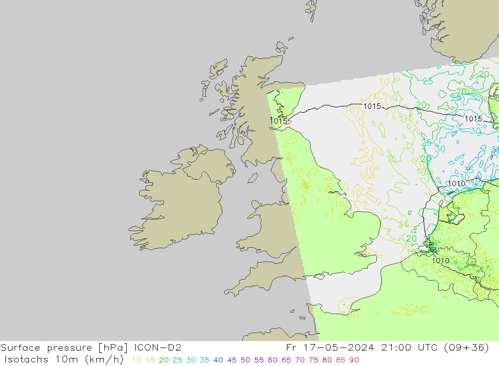 Isotachen (km/h) ICON-D2 vr 17.05.2024 21 UTC